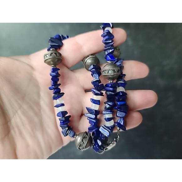 925 Sterling Silver Lapis Lazuli, Moonstone, and Silver Beaded Necklace Vintage - Picture 1 of 10